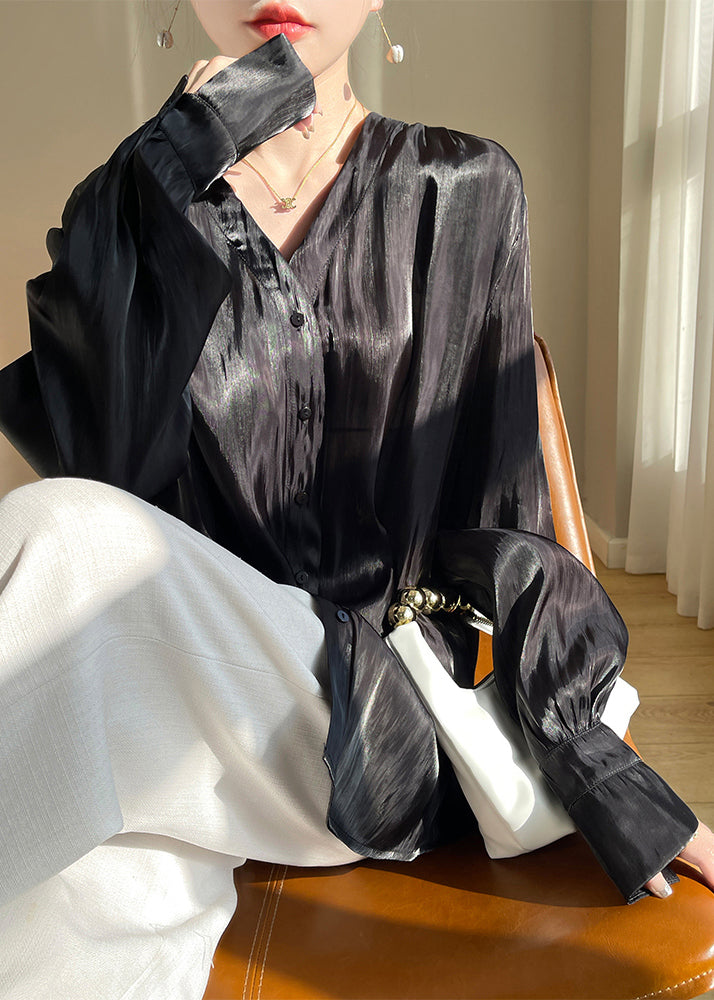 Black Button Silk Blouses V Neck Long Sleeve