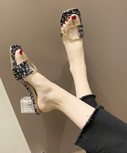 Black Chunky Heel Stylish Peep Toe Crystal Slide Sandals