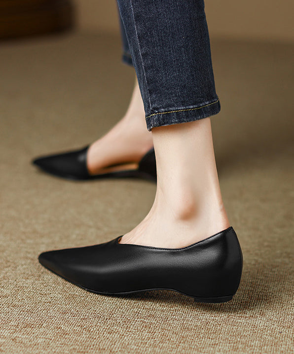 Black Cowhide Leather Fashion Splicing Flat Shoes For Women