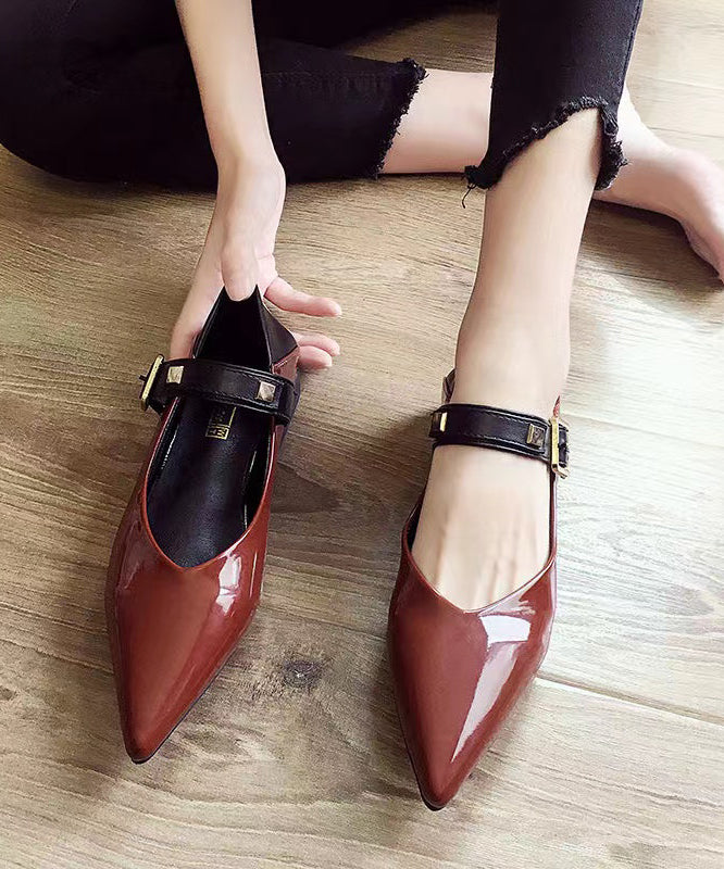 Black Flat Feet Shoes Faux Leather Women Splicing Buckle Strap