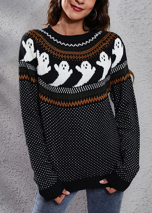 Black Ghost Cozy Patchwork Knit Sweaters O Neck Fall