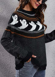 Black Ghost Cozy Patchwork Knit Sweaters O Neck Fall