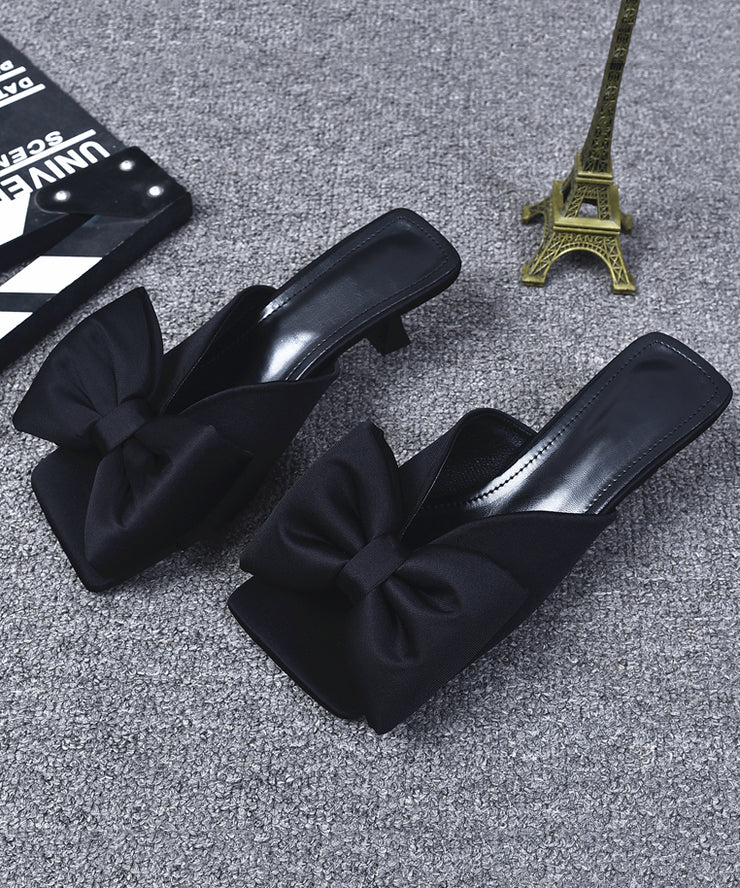 Black High Heel Fashion Bow Splicing Slide Sandals