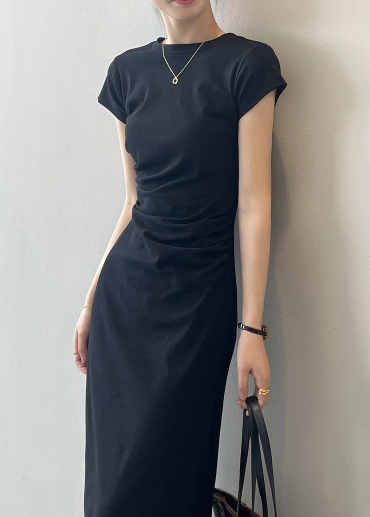 Black High Waist Cotton Dress O-Neck Short Sleeve