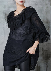 Black Lace Dress Embroidered Ruffles Spring