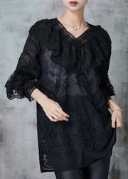 Black Lace Dress Embroidered Ruffles Spring