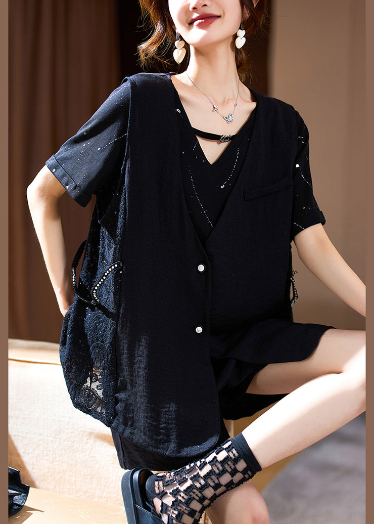 Black Nail Bead Cotton Two Pieces Set V Neck Sleeveless