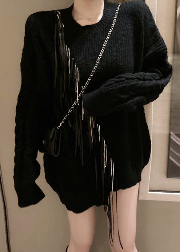 Black O-Neck Zircon Tassel Cotton Knit Sweaters Tops Long Sleeve