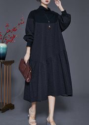 Black Patchwork Cotton Maxi Dresses Turtle Neck Spring