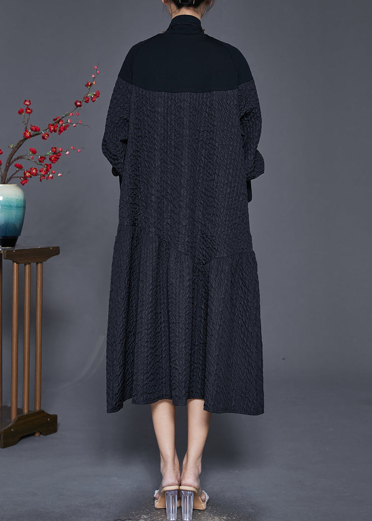 Black Patchwork Cotton Maxi Dresses Turtle Neck Spring