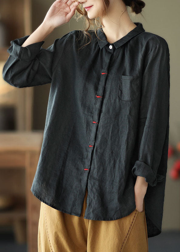 Black Patchwork Linen Shirt Peter Pan Collar Embroideried Spring