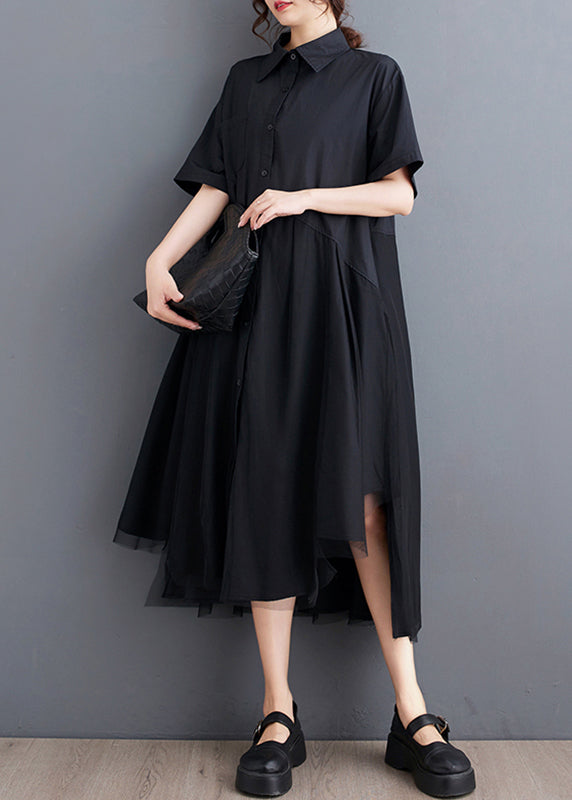 Black Peter Pan Collar Button Long Shirts Dress Summer