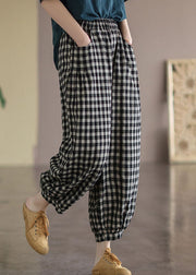 Black Plaid Pockets Plus Size Linen High Waist Crop Pants Summer