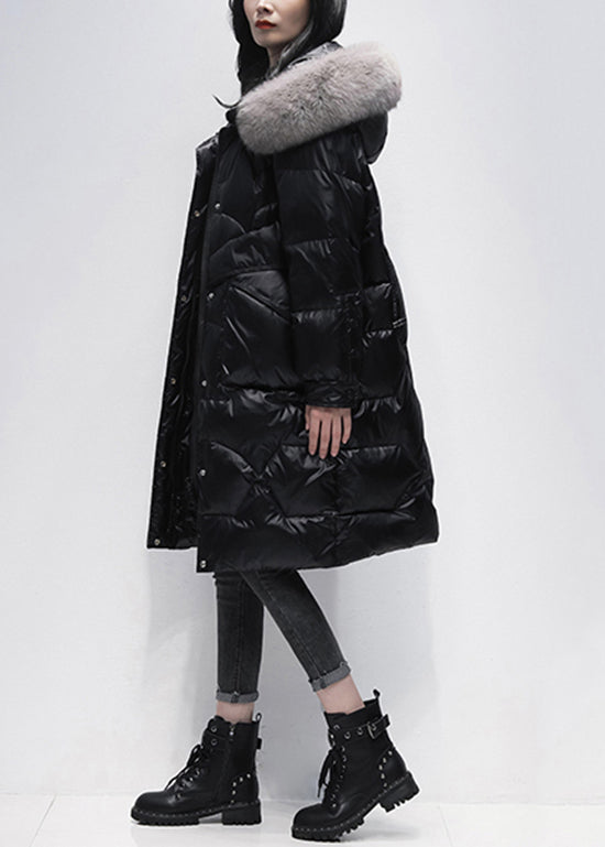 Black Pockets Patchwork Duck Down Hooded Coat Zip Up Winter