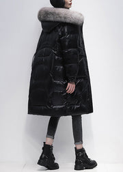 Black Pockets Patchwork Duck Down Hooded Coat Zip Up Winter