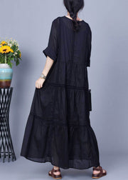 Black Pockets Patchwork Linen Two Piece Set Outfits V Neck Spring