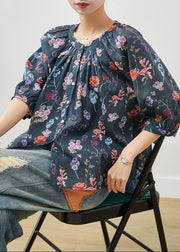 Black Print Linen Shirt Oversized Half Sleeve