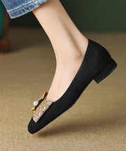 Black Soft Comfy Women Bow Zircon Splicing Flats