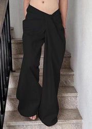 Black Solid Cotton Wide Leg Summer Pants Asymmetrical