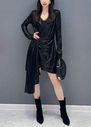 Black Solid Wrinkled Cotton Mid Dress V Neck Spring