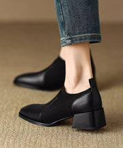 Black Splicing Chunky Heel Cowhide Leather Penny Loafers