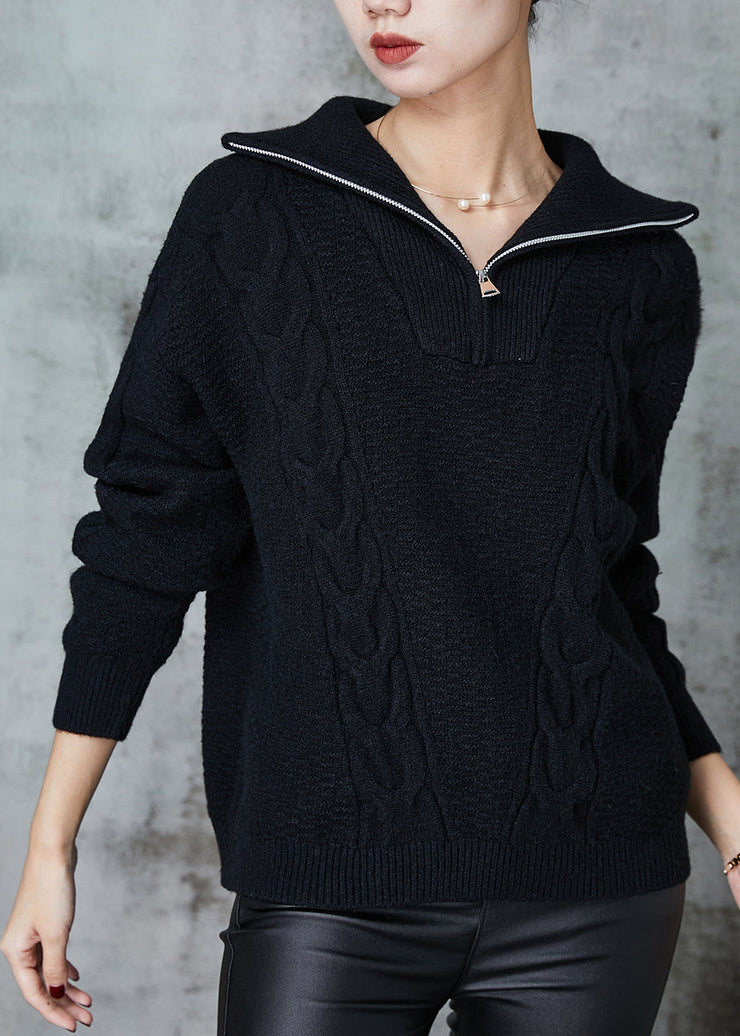 Black Warm Knit Sweater Tops Zip Up Spring