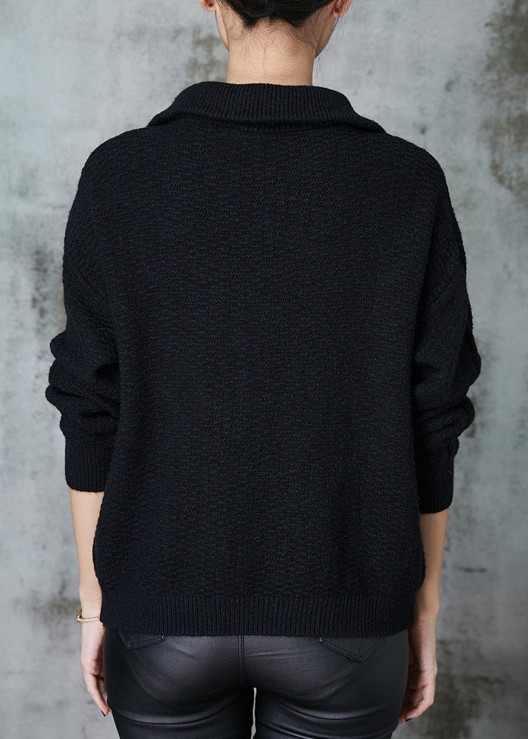 Black Warm Knit Sweater Tops Zip Up Spring