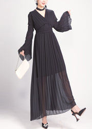 Black Wrinkled Chiffon Holiday Dress V Neck Flare Sleeve