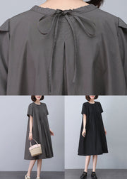 Black Wrinkled Cotton Dresses O Neck Short Sleeve