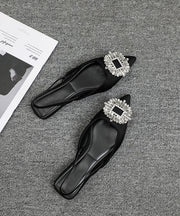 Black Zircon Faux Leather Comfy Walking Sandals Pointed Toe