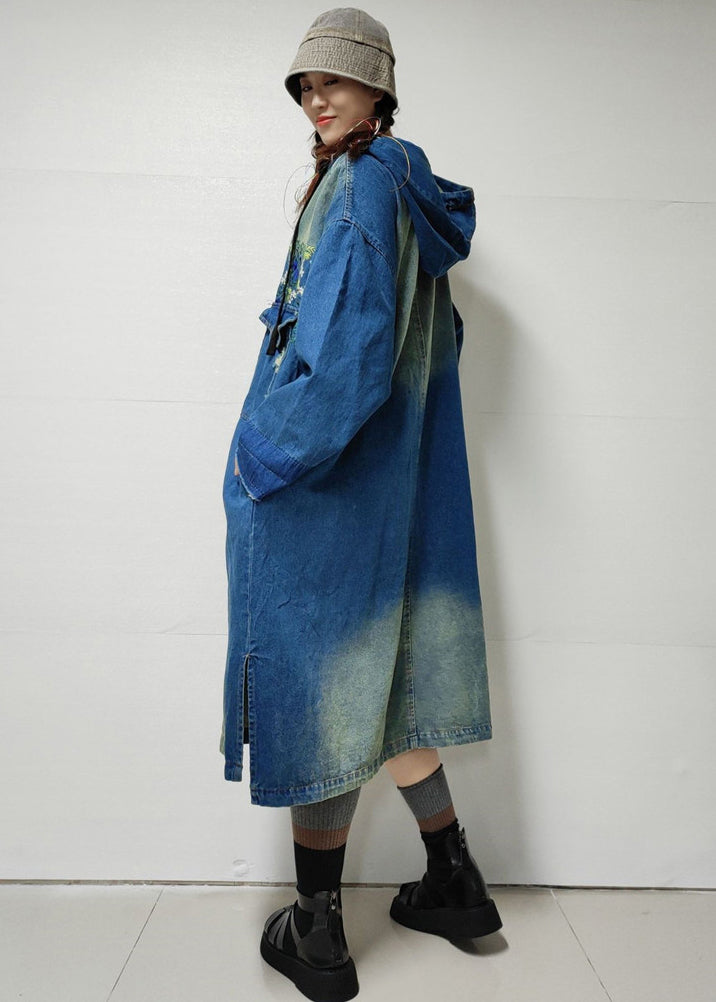 Blue Button Pockets Denim Trench Coat Embroidered Long Sleeve