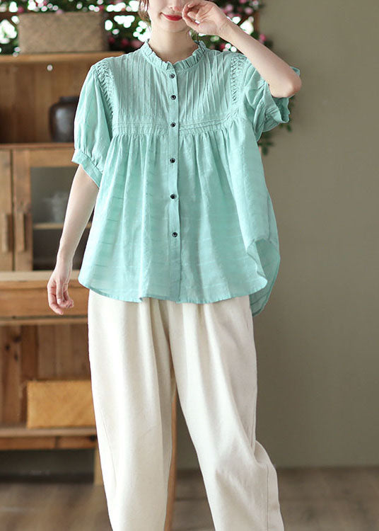 Blue Patchwork Loose Cotton Shirt Top Ruffled Button Summer