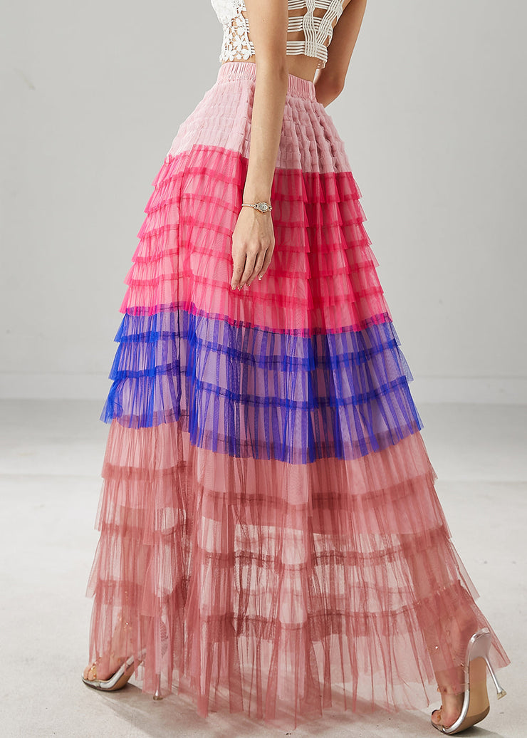 Blue Patchwork Tulle Beach Skirts Layered Ruffled Summer