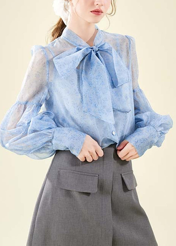 Blue Print Patchwork Chiffon Shirts Spring