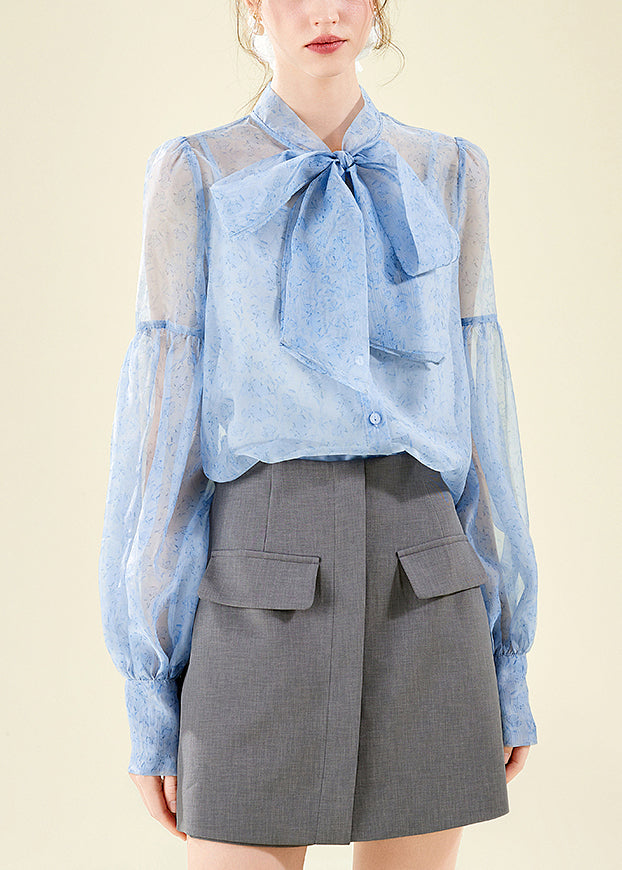 Blue Print Patchwork Chiffon Shirts Spring