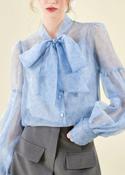 Blue Print Patchwork Chiffon Shirts Spring