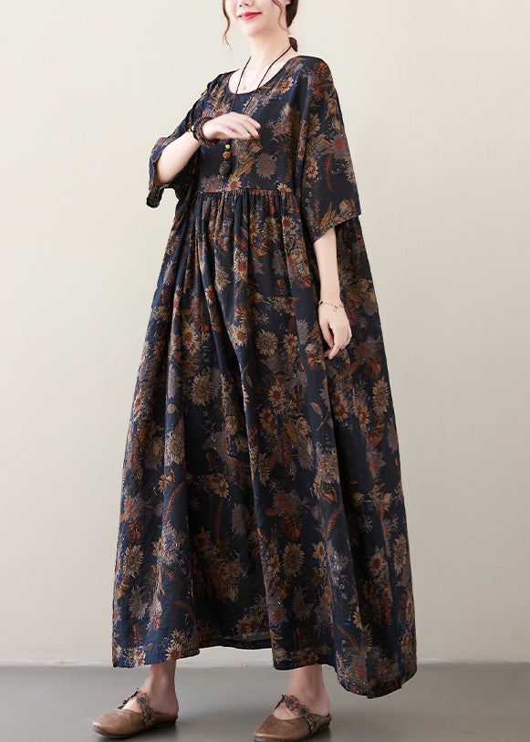 Blue Print Wrinkled Vacation Long Dresses Half Sleeve