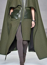 Bohemian Army Green Asymmetrical Patchwork Woolen Coats Fall