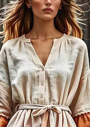 Bohemian Beige V Neck Button Tie Waist Cotton Blouses Fall