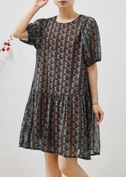 Bohemian Black Puff Sleeve Print Chiffon Holiday Dress