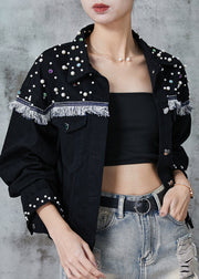 Bohemian Black Tasseled Patchwork Nail Bead Denim Jacket Spring