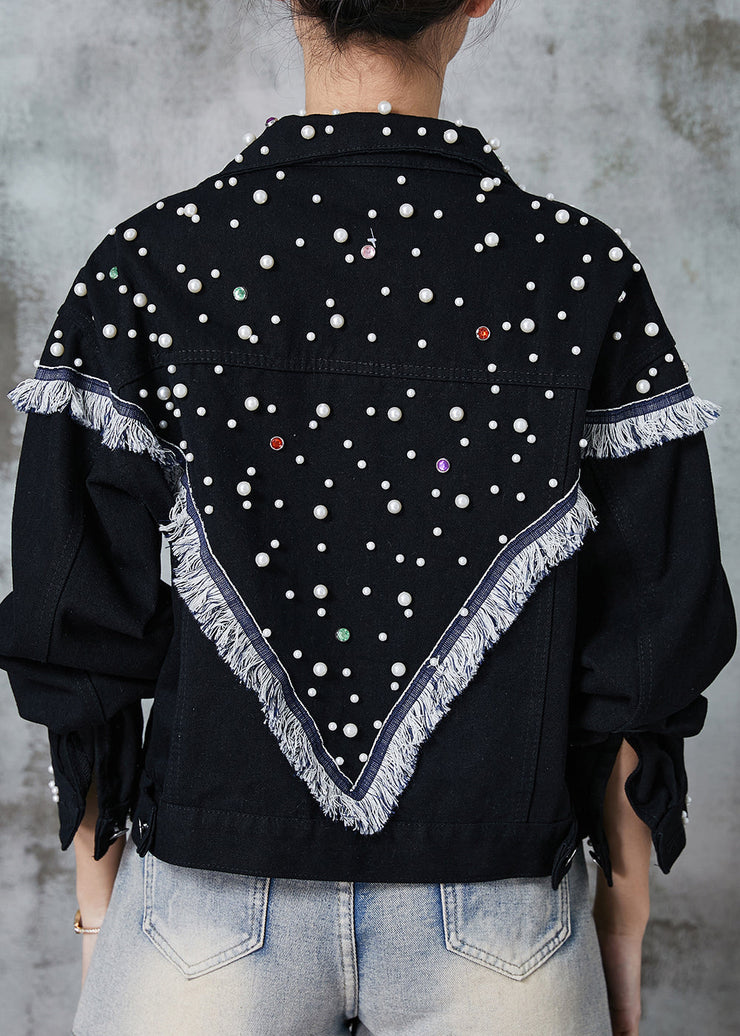 Bohemian Black Tasseled Patchwork Nail Bead Denim Jacket Spring