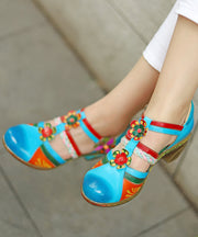 Bohemian Blue Hollow Out Floral Splicing Chunky Sandals