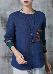 Bohemian Blue Oversized Patchwork Pocket Knit Sweater Spring