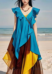 Bohemian Blue V Neck Ruffled Patchwork Chiffon Dresses Sleeveless