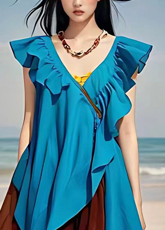 Bohemian Blue V Neck Ruffled Patchwork Chiffon Dresses Sleeveless