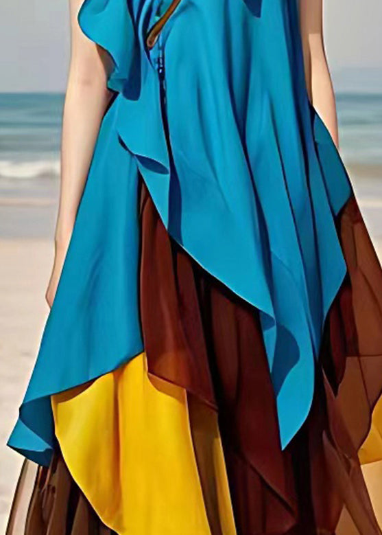 Bohemian Blue V Neck Ruffled Patchwork Chiffon Dresses Sleeveless