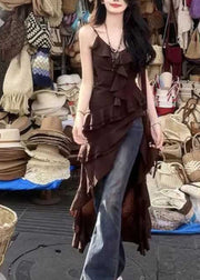 Bohemian Chocolate V Neck Asymmetrical Ruffled Spaghetti Strap Dress Summer