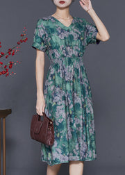 Bohemian Green Cinched Print Cotton Dress Summer