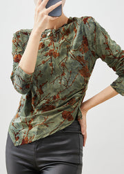 Bohemian Green Jacquard Asymmetrical Silm Fit Velour Blouses Spring